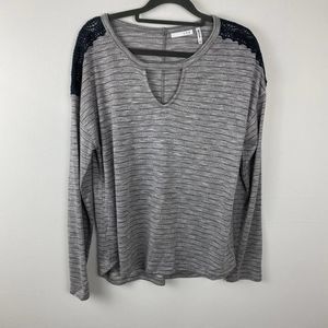 LUQ, Gray striped long sleeve light sweater. Size M.